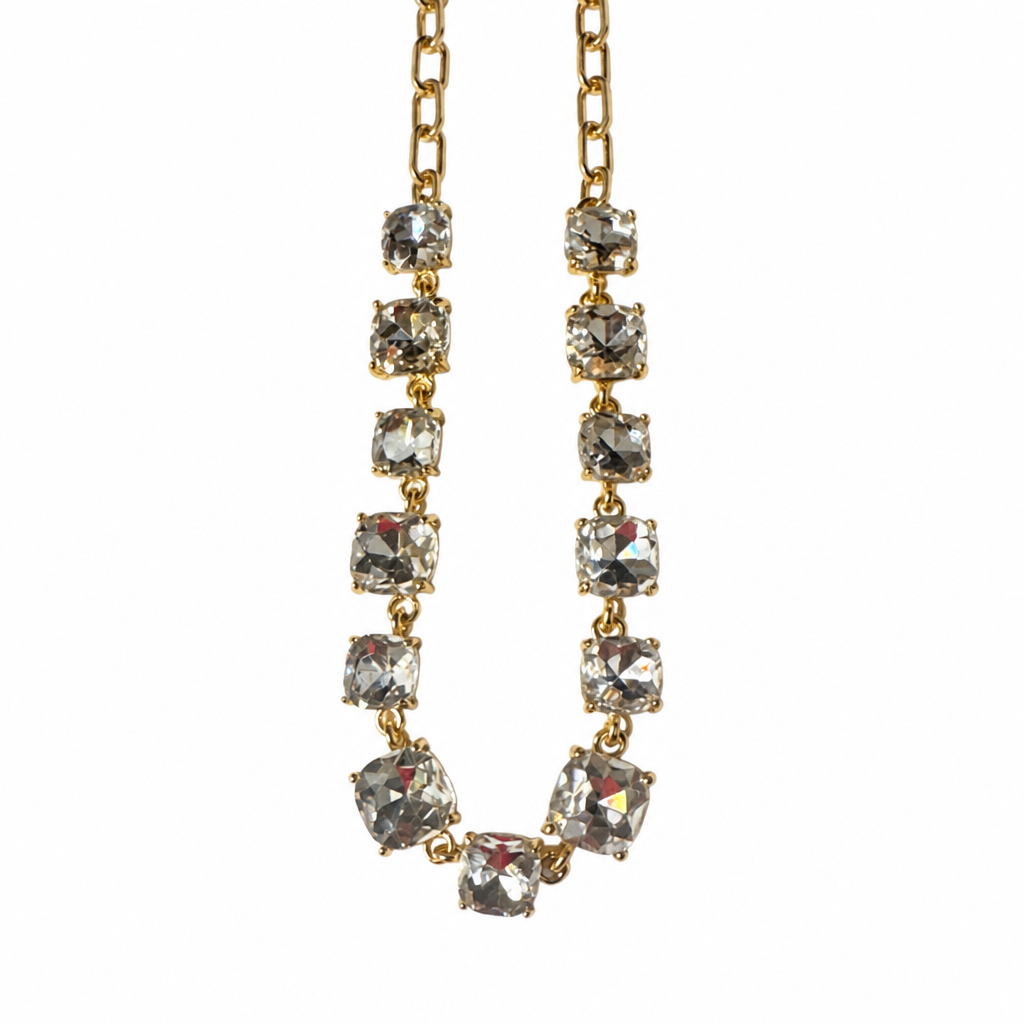Pink AB Crystal Cushion Cut Necklace — Gold-Tone, New without Tags