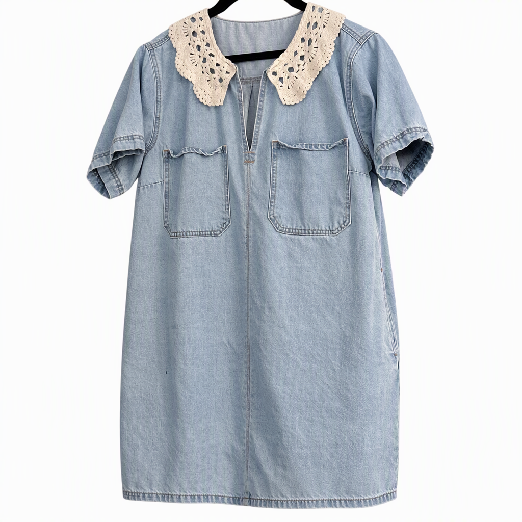 Light Wash Denim Mini Dress with Crochet Lace Collar, Size M