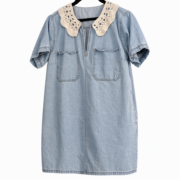 Light Wash Denim Mini Dress with Crochet Lace Collar, Size M