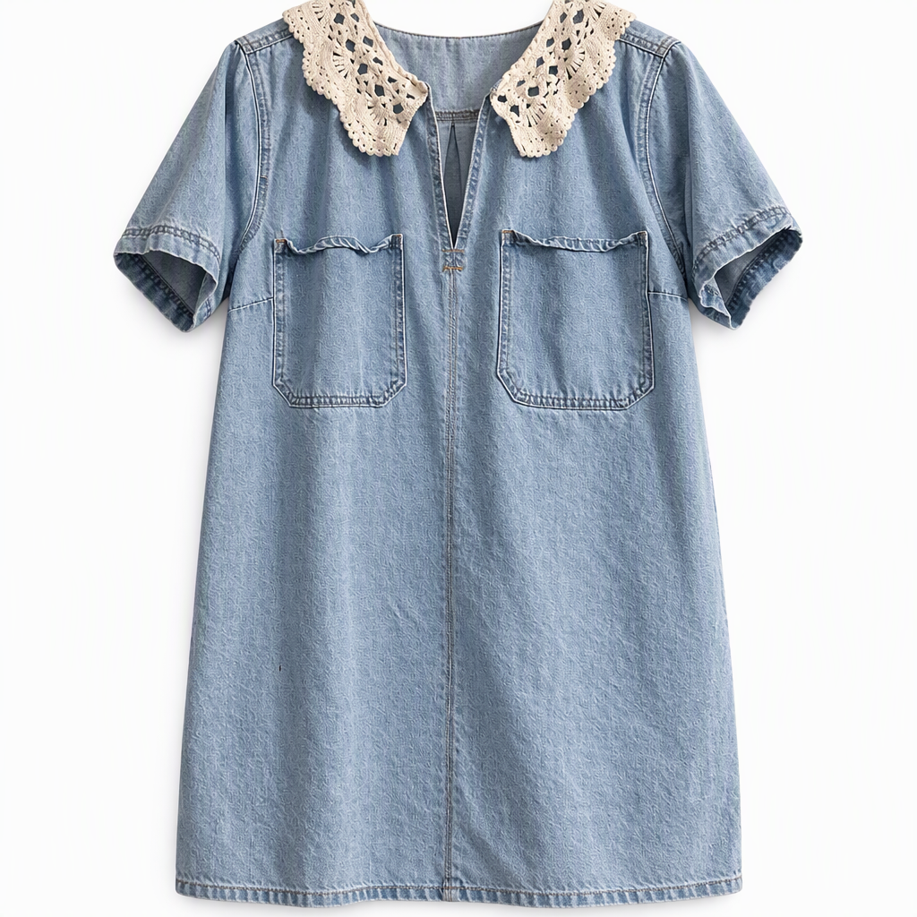 Light Wash Denim Mini Dress with Crochet Lace Collar, Size M
