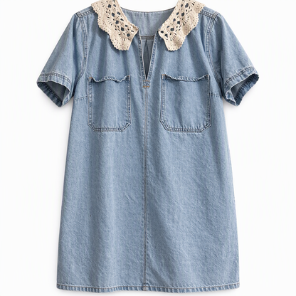 Light Wash Denim Mini Dress with Crochet Lace Collar, Size M