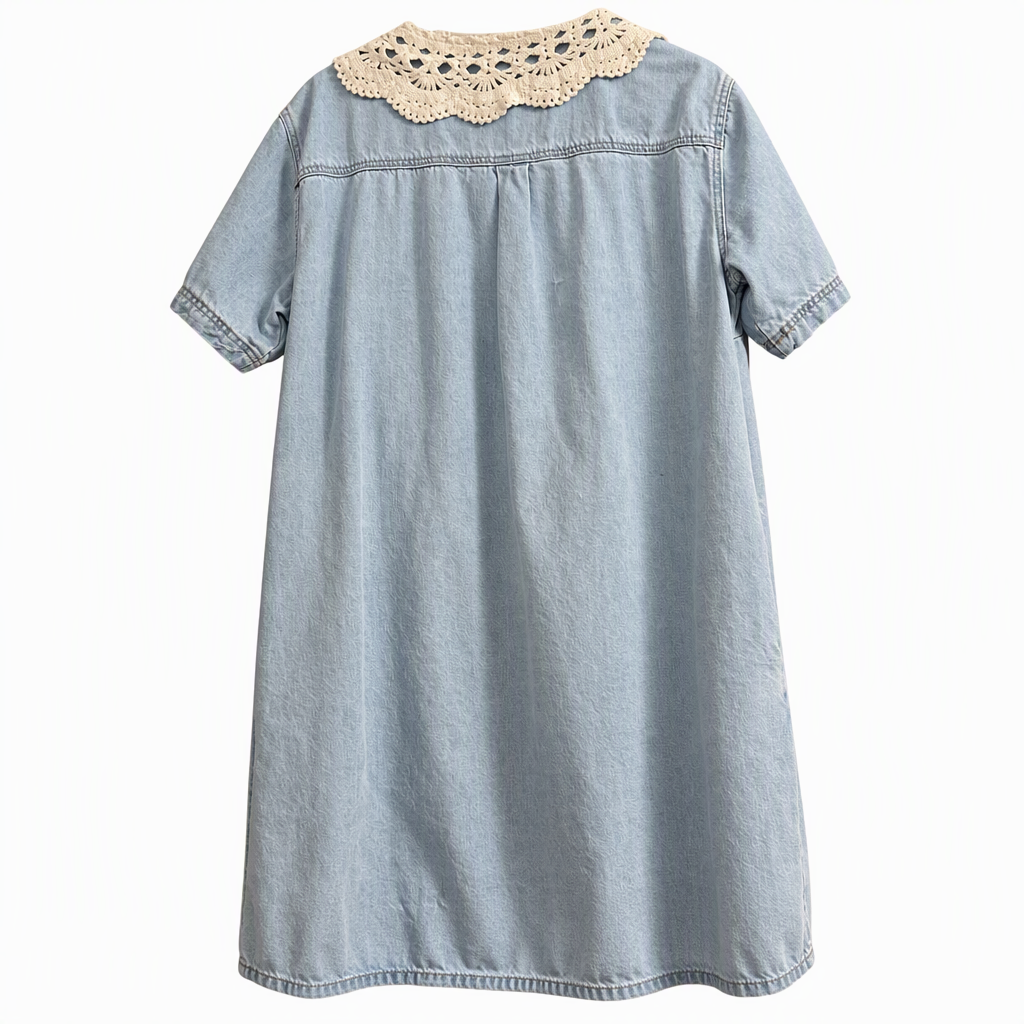 Light Wash Denim Mini Dress with Crochet Lace Collar, Size M