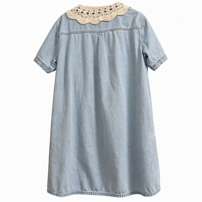 Light Wash Denim Mini Dress with Crochet Lace Collar, Size M