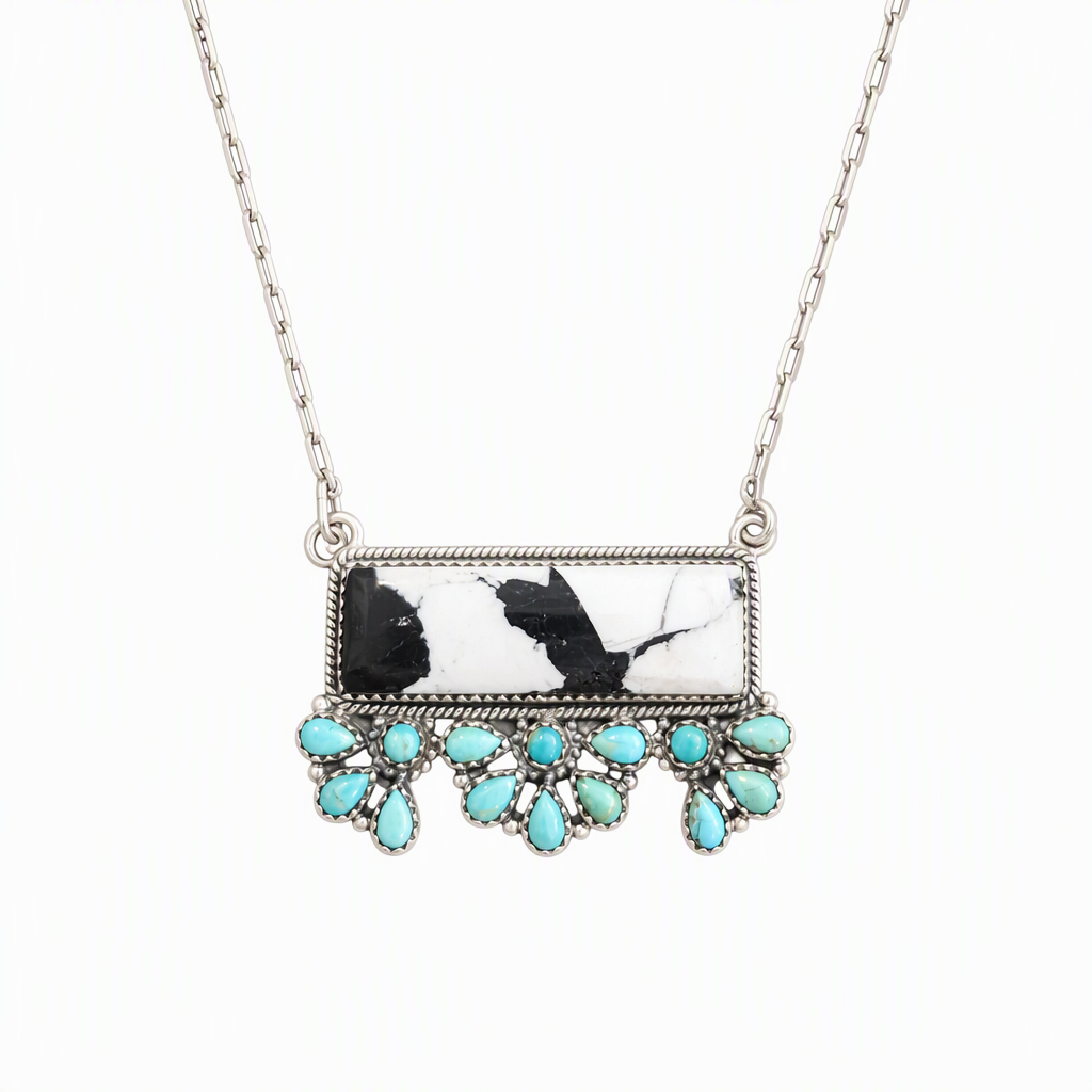 Handmade Sterling Silver White Buffalo & Kingman Turquoise Bar Necklace, Signed Nizhoni