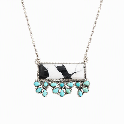 Handmade Sterling Silver White Buffalo & Kingman Turquoise Bar Necklace, Signed Nizhoni
