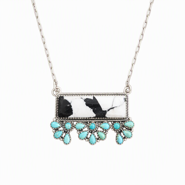 Handmade Sterling Silver White Buffalo & Kingman Turquoise Bar Necklace, Signed Nizhoni