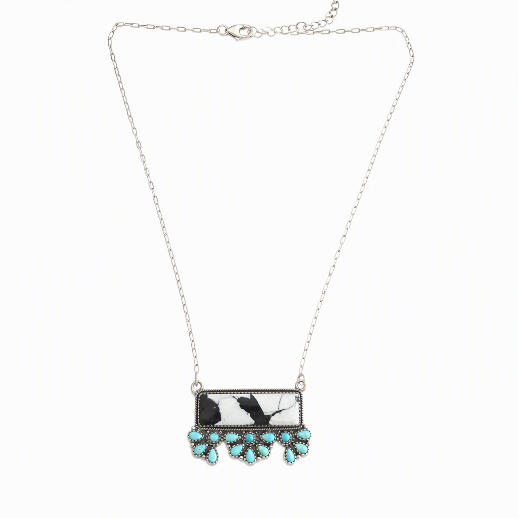 Handmade Sterling Silver White Buffalo & Kingman Turquoise Bar Necklace, Signed Nizhoni