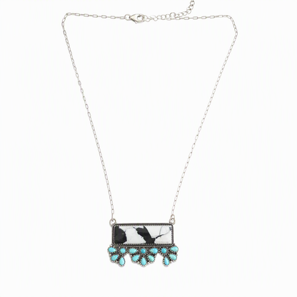 Handmade Sterling Silver White Buffalo & Kingman Turquoise Bar Necklace, Signed Nizhoni