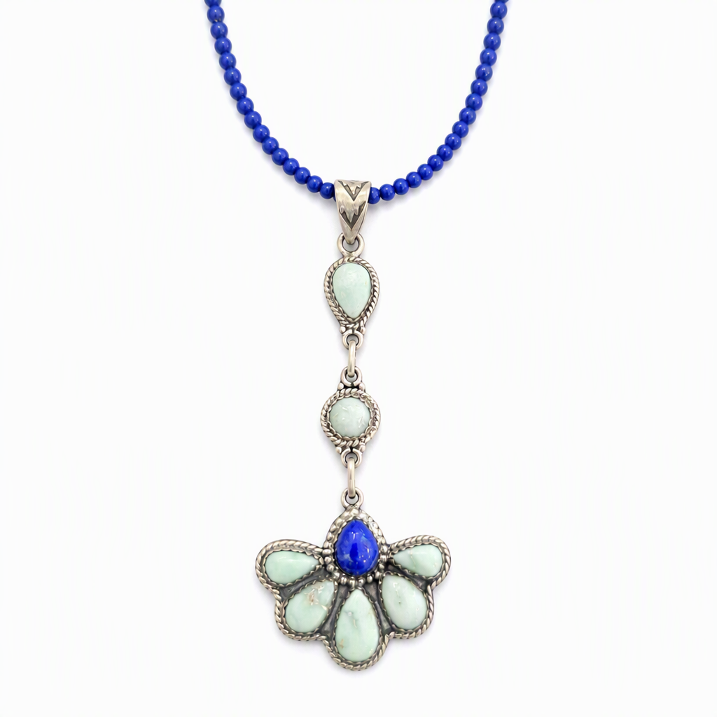 Handmade Sterling Silver Paloma Turquoise & Lapis Drop Pendant, Signed Nizhoni