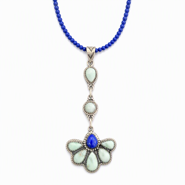Handmade Sterling Silver Paloma Turquoise & Lapis Drop Pendant, Signed Nizhoni