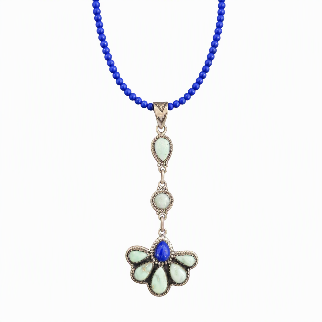 Handmade Sterling Silver Paloma Turquoise & Lapis Drop Pendant, Signed Nizhoni