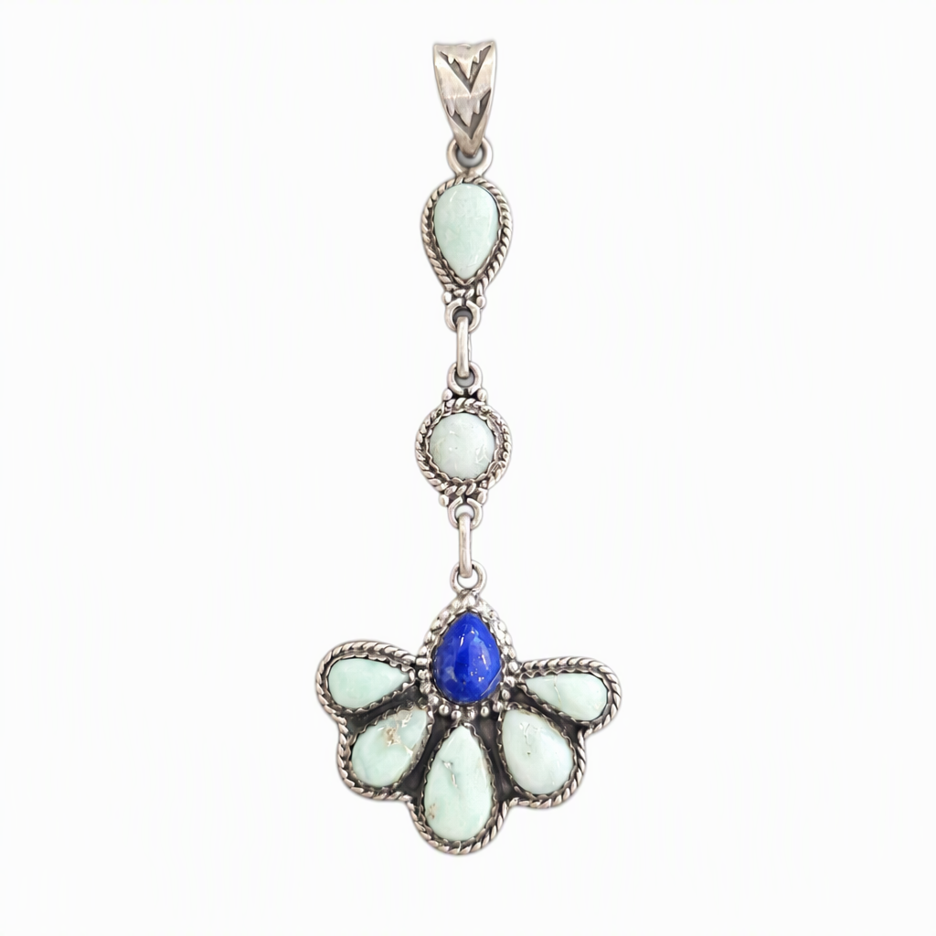 Handmade Sterling Silver Paloma Turquoise & Lapis Drop Pendant, Signed Nizhoni