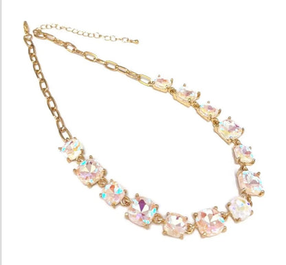 Pink AB Crystal Cushion Cut Necklace — Gold-Tone, New without Tags