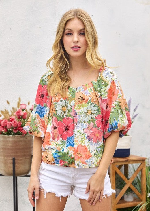 Bubble Sleeve Chiffon Floral Blouse - Coral / MediumCoral / Medium (NWT)