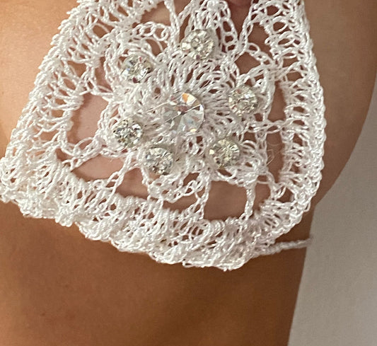 Chellabella 1 Flower Crochet Top with Rhinestones - White / SWhite / S (NWT)