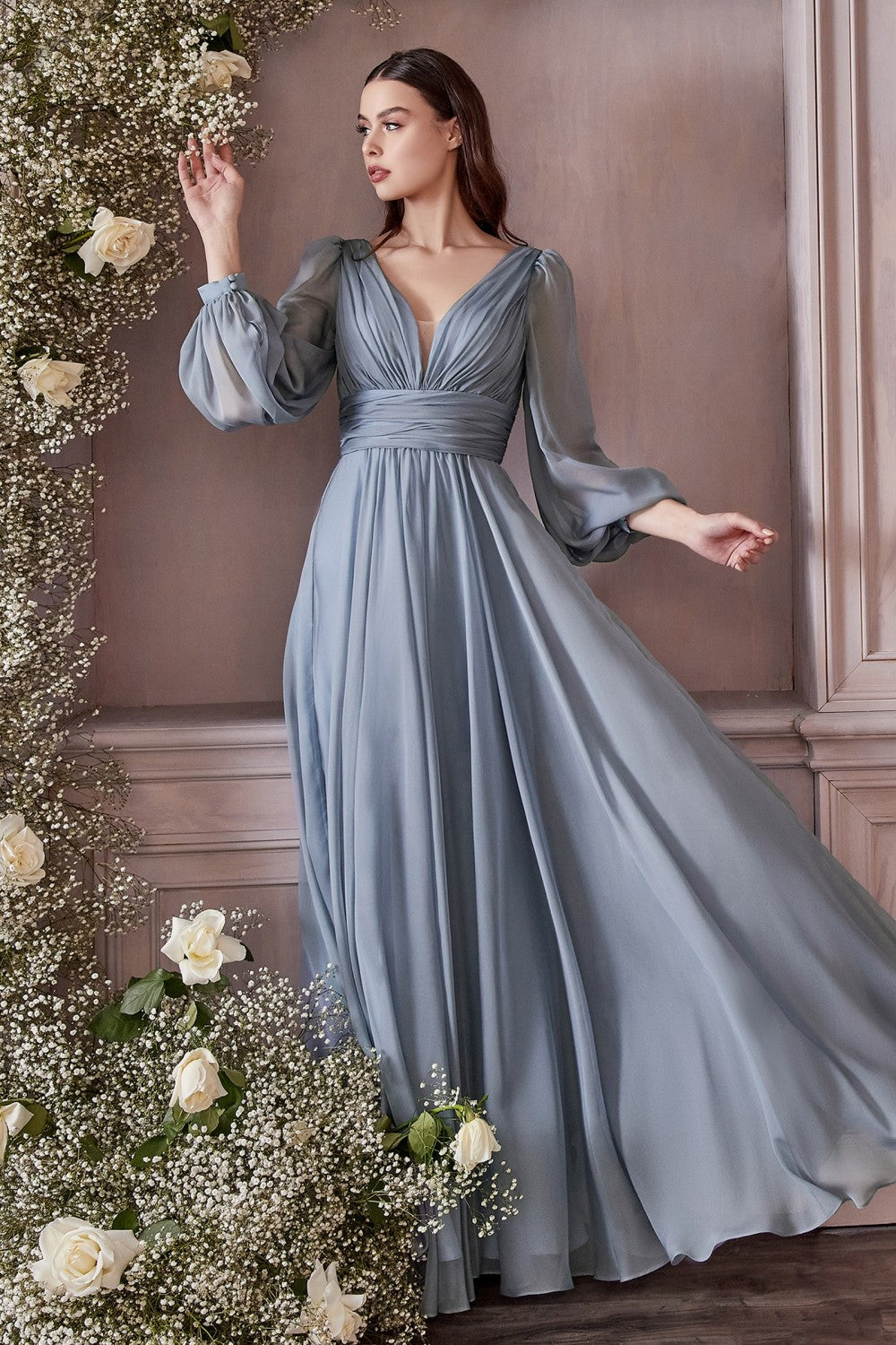 Cinderella Divine CD0192 LONG SLEEVE CHIFFON DRESS - Special Occasion/Curves - S / Smoky BlueS / Smoky Blue (NWT)