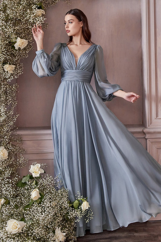 Cinderella Divine CD0192 LONG SLEEVE CHIFFON DRESS - Special Occasion/Curves - S / Smoky BlueS / Smoky Blue (NWT)