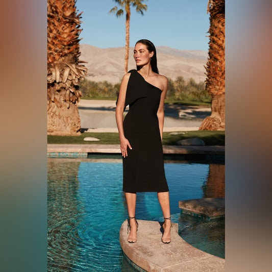Women’S Medium Dress The Population Tiffany One-Shoulder Black Midi Dress. (Like New)
