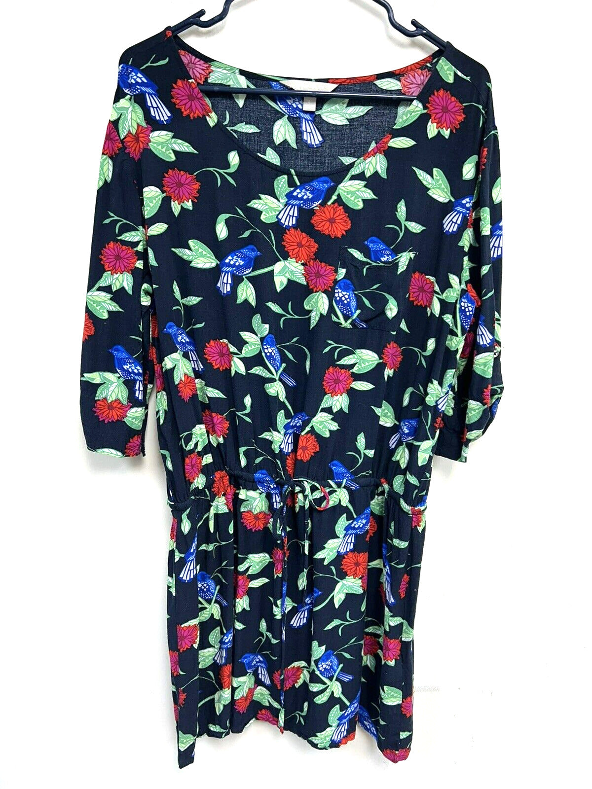 Banana Republic Women'S Black Dress Floral Bird Tab Sleeve Drawstring Waist Sz L (Like New)