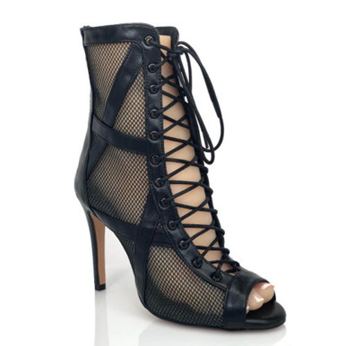 Xiomara - 3.5 Inch Stiletto - Black Cross Design Lace Up Ankle Boot with Fishnet Mesh (Like New)